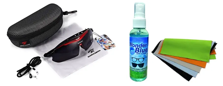 Estuches, líquido limpiador y paños para lentes